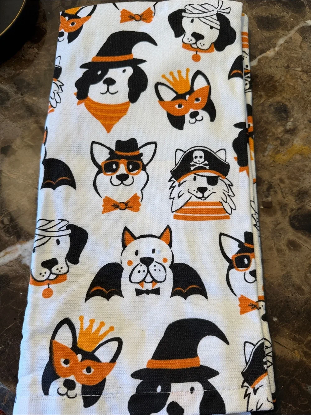 Halloween Dog Print Kitchen Towels - Orange & Black on White